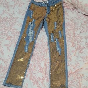 NWOT Gold and Blue Skinny Jeans with Modern Style